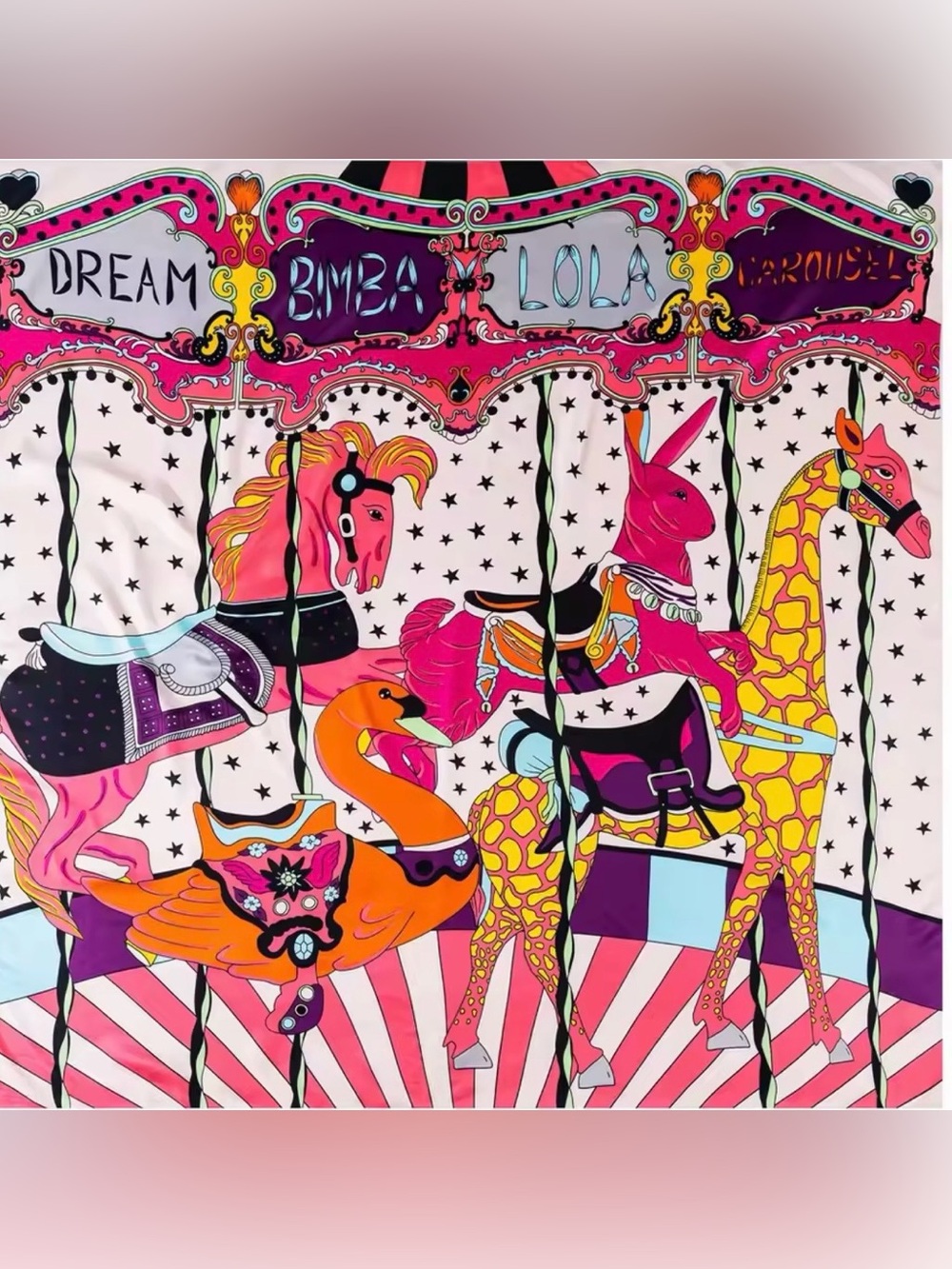 Colorful Carousel Silk Scarf in Pink and Orange 130cm